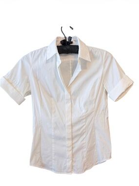Ann Taylor White French Cuff Short-Sleeve Fitted Button-Front Blouse